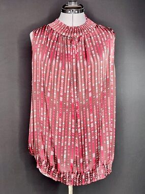 Agora, Sleeveless Pink Dot-Stripe Pleated Blouse